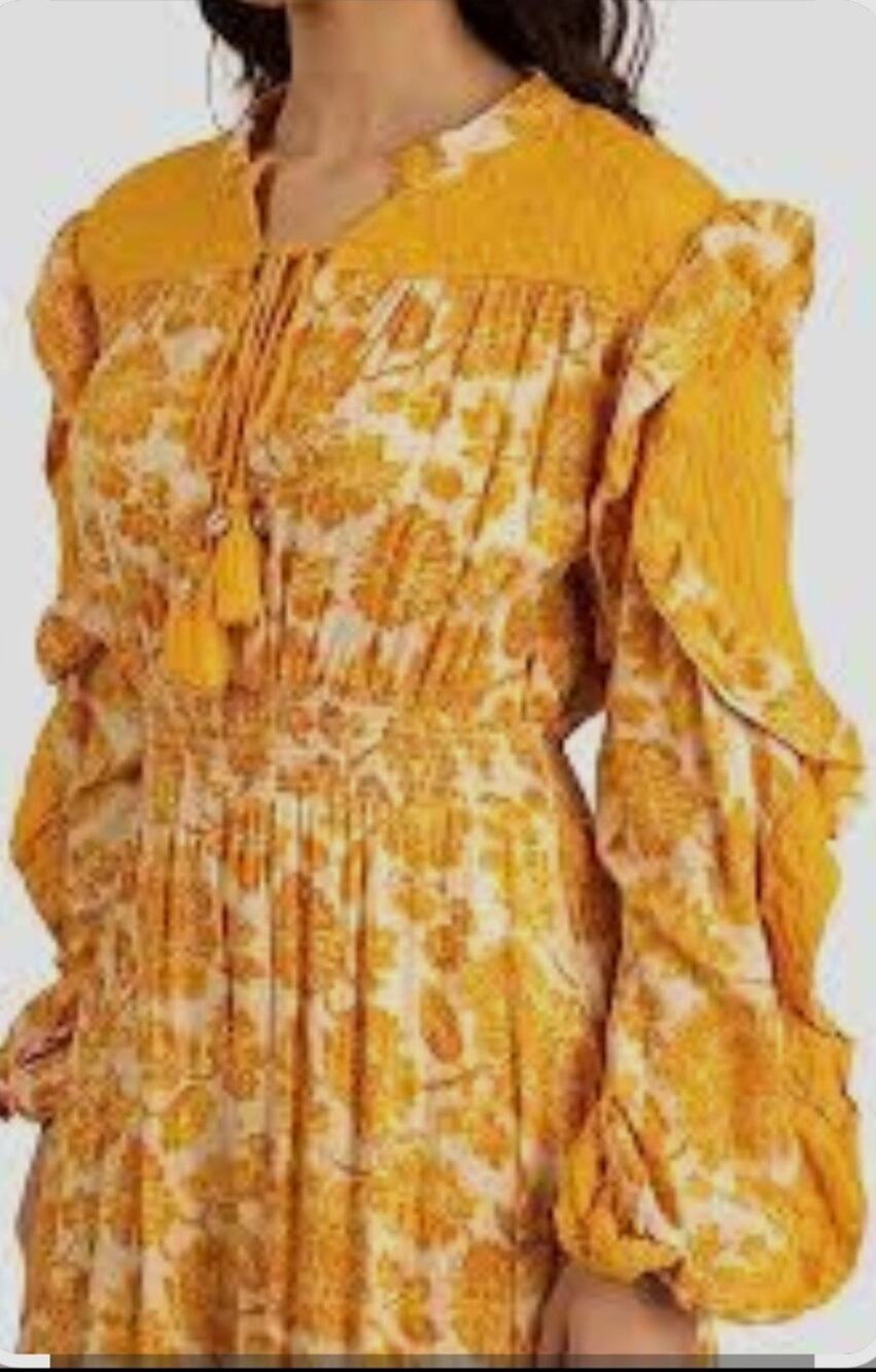 Chloe Laetitia Smocked Bodice Yellow floral maxi ruffle dress medium cottagecore